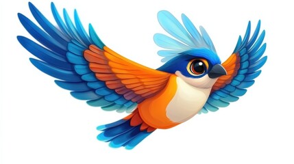 a stylized cartoon bird flying on a white background