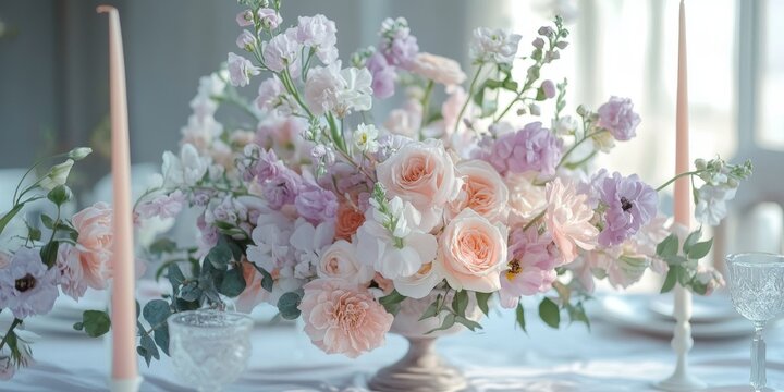 Elegant wedding decor featuring a stunning bouquet of spring flowers in pastel tones. Bright wedding decor enhances the interior, creating beautiful wedding decorations that inspire festive