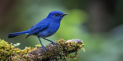 Obraz premium Indigo blue male Nilgiri flycatcher exhibits a unique and vibrant plumage, showcasing the distinctive beauty of the Nilgiri flycatcher, a remarkable bird species in its natural habitat.
