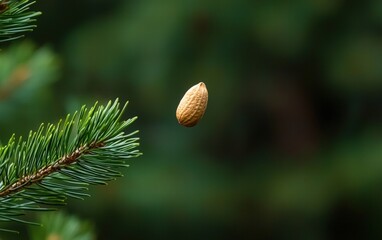 A single pine nut levitating mid-air with motion blur, set against a green pine-needle background