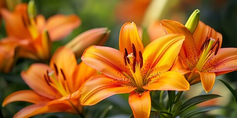 Obraz premium Vibrant orange Asiatic hybrids bloom on the flower farm, symbolizing hilarity and brightness in love. These stunning orange lilies bring joy and beauty to any garden or floral arrangement.