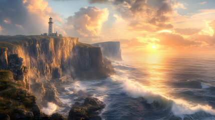Majestic Lighthouse on Dramatic Cliffs at Sunrise