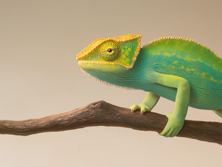 Obraz premium A Colorful Chameleon Perched on a Branch, Displaying Its Shimmering Green Scales in a Stunning Array of Textures.