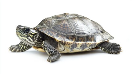 Fototapeta premium Turtle resting gracefully on a bright white background, showcasing the unique features and colors of the turtle. Ideal for nature inspired designs and educational materials about turtles.