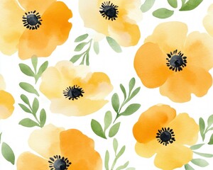A vibrant pattern of yellow flowers and green leaves, perfect for decorative purposes.