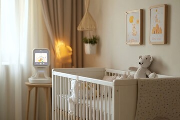 Smart home nursery with baby monitors and temperature control cozy room for infants comfortable environment peaceful viewpoint modern parenting concept