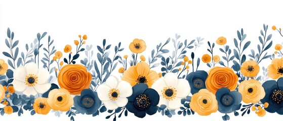 A stunning floral design featuring vibrant orange, white, and blue flowers with lush greenery.