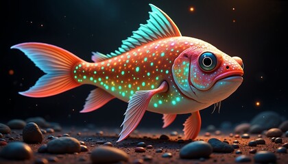 Fototapeta premium A fish with glowing spots is swimming in a dark pool