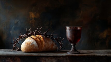 Bread, a cup of wine, and a crown of thorns beautifully arranged on an old table create a striking composition that evokes deep reflection and symbolism around the themes of bread and wine.
