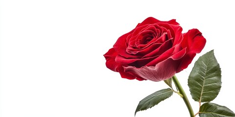 Fototapeta premium Stunning red rose on a white background, showcasing a large, beautiful flower that captivates with its vibrant color and intricate details. This red rose symbolizes love and beauty.