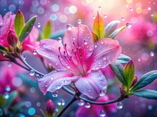 Fototapeta premium Dreamlike pink azalea petals, glistening with dew, capture botanical elegance in surreal photography.