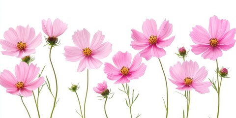 Fototapeta premium Pink cosmos flowers, also known as Mexican aster, beautifully isolated on a clean white background, showcasing the vibrant colors and delicate features of the pink cosmos.