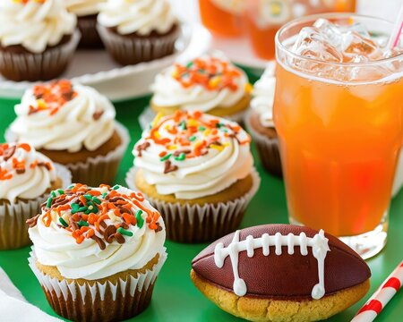 A festive display of cupcakes topped with colorful sprinkles, a football-shaped cookie, and a refreshing drink, perfect for game day celebrations.