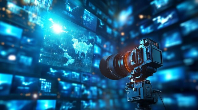 Professional business media background featuring modern abstract design with dynamic blue tones, digital connections, and high-tech elements, perfect for corporate presentations, marketing campaigns, 