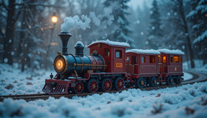 children toy train in the snow, moody picture