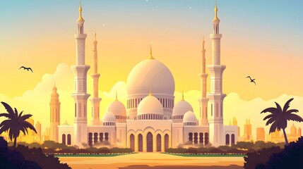luxurious and magnificent mosque building, with a large and beautiful garden, with a beautiful view of the sunset in the afternoon