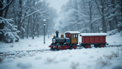Naklejka premium children toy train in the snow, moody picture