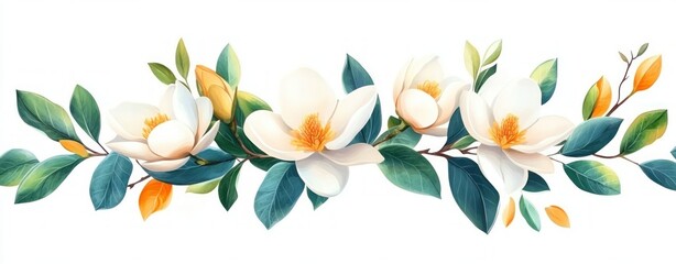 Obraz premium A beautiful depiction of white magnolia flowers surrounded by vibrant green leaves.