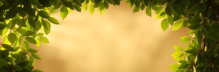 Fototapeta premium Volumetric lighting illuminates a leafy frame background, green foliage edges fading to a soft beige center, light beams visible through dust or fog