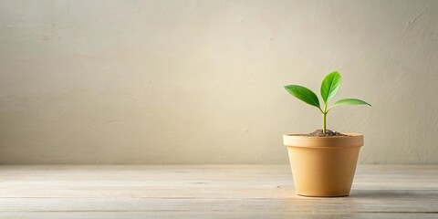 A young sprout in a terracotta pot on a wooden surface against a neutral background