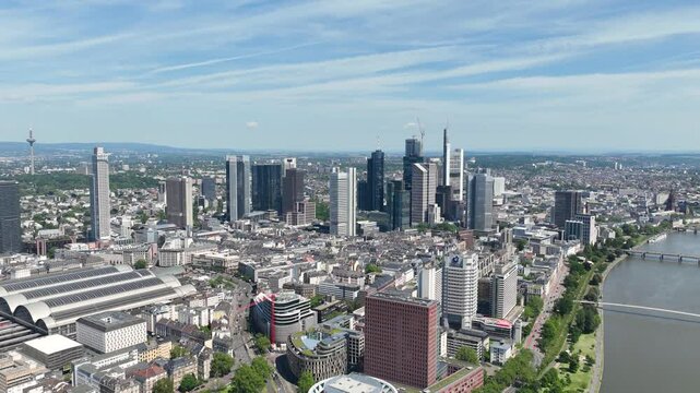 Aerial view on hyperlapse time lapse of the city of Frankfurt am Main, Germany.