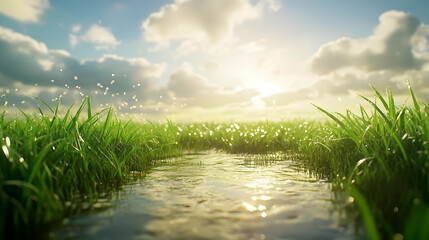 Naklejka premium Serene Landscape: Green Grass, Sparkling Water, and a Sunny Sky