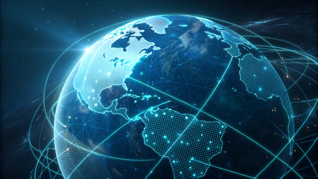 Holographic globe with glowing data grid and world map design for futuristic and global tech themes