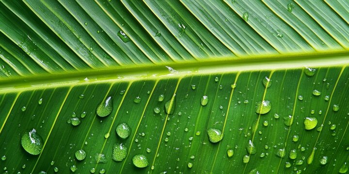 Fresh green banana leaf adorned with raindrops, showcasing the natural beauty of green banana leaves as they glisten after a rainfall, emphasizing the vibrant hues and textures of green banana leaves. - Powered by Adobe