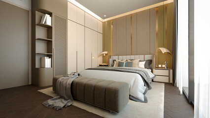 A modern bedroom featuring neutral tones, a large bed, sleek furniture, and stylish lighting, creating a serene and inviting atmosphere. 3d rendering.