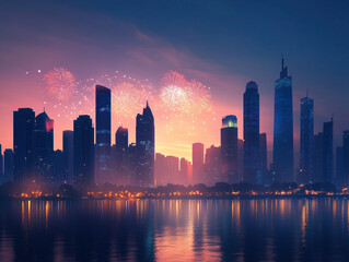 Fototapeta premium A Luminous Futuristic Cityscape: Celebrating Unity and Excitement Amidst Dazzling Fireworks and Digital Connections in a Thriving Urban Landscape.