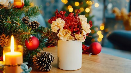 A cozy holiday scene featuring a white vase of flowers, surrounded by festive decorations, including a candle, pinecones, and a Christmas tree.