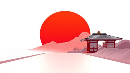 Red Sun Sunrise Japanese Style Flat Design