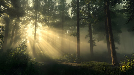 Naklejka premium Sunbeams in a Misty Forest: A Tranquil Nature Scene