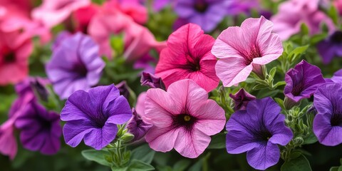 Vibrant pink and purple flowers of surfinia ampelous petunia create a stunning spring display. This floral postcard features pink surfinia blooms, enhancing garden aesthetics with their purple