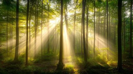 Obraz premium Sunbeams in a Misty Forest: A Magical Nature Scene
