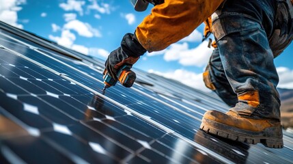 Close-up of a worker using a drill on a roof with solar panels