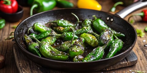 Delicious Spanish padron peppers seasoned with salt and olive oil, sizzling in a frying pan placed on a rustic wooden table, highlighting the vibrant flavors of Spanish padron peppers.