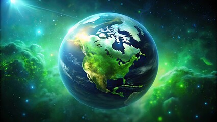Fototapeta premium A Vibrant Green Planet Earth Set Against a Cosmic Nebula Background