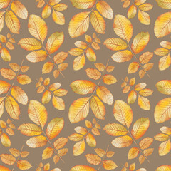 Watercolor seamless pattern of golden leaf of walnut tree. Autumn big foliage in elegant style.