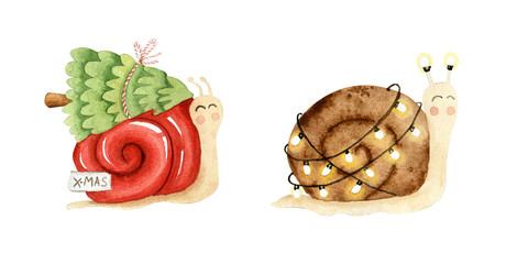 Watercolor illustration of christmas tree and cute snail.