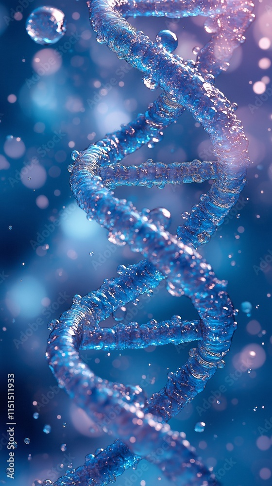 Poster a mesmerizing spiral of blue dna strands intertwines under soft illumination, surrounded by shimmeri