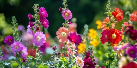 Obraz premium Bright and colorful hollyhocks are flourishing in a natural landscape, showcasing their beauty in a lively field of vibrant flowers.