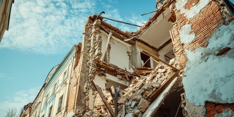 Damaged building due to an earthquake, showcasing the impact of the earthquake on structures. The devastating earthquake has left the building in ruins, highlighting the destruction caused by the