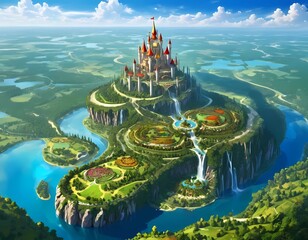 Obraz premium digital painting of a fantasy country landscape with many rivers and a magnificent castle