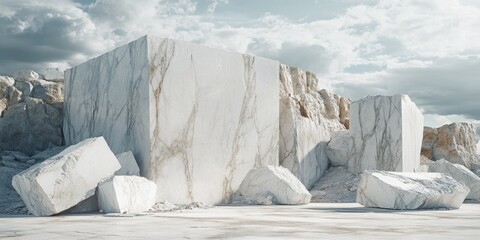 Large white marble blocks found in an abandoned quarry showcase stunning marble texture and smooth cuts. The cloudy atmosphere enhances the beauty of the marble in this horizontal scene.
