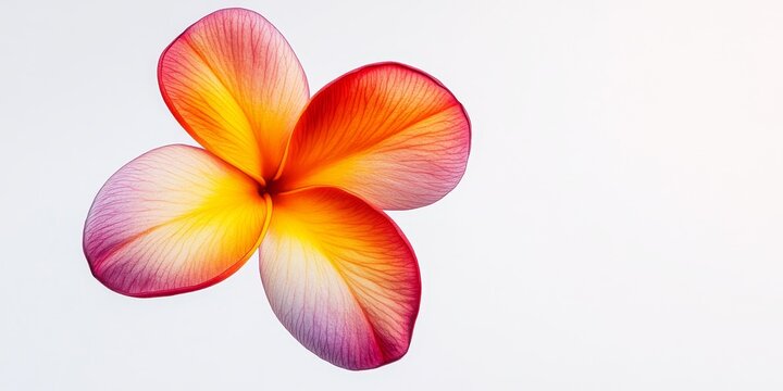 Close up of a frangipani flower Plumeria featuring intricate details, set against a white background. This frangipani flower highlights its vibrant colors and delicate petals through selective focus.