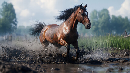 running horse during mid-day in a mudpool with a eye-level angle 