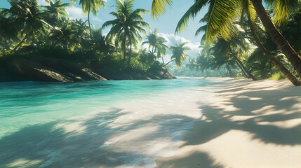 Fototapeta premium Serene Tropical Beach: Palm Trees, Azure Ocean, and White Sand Paradise