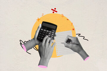 Creative Collage of Hands Calculating with Calculator and Notepad on Abstract Background