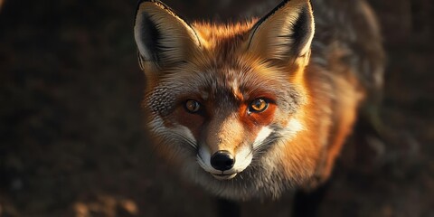 Fototapeta premium A red fox gazes intently at the photographer, showcasing its striking features and curious demeanor. This captivating red fox captures the essence of wildlife photography beautifully.
